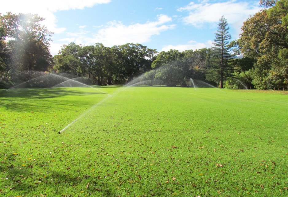 Lawn sprinkler installation system showing green lawns and sprinklers running